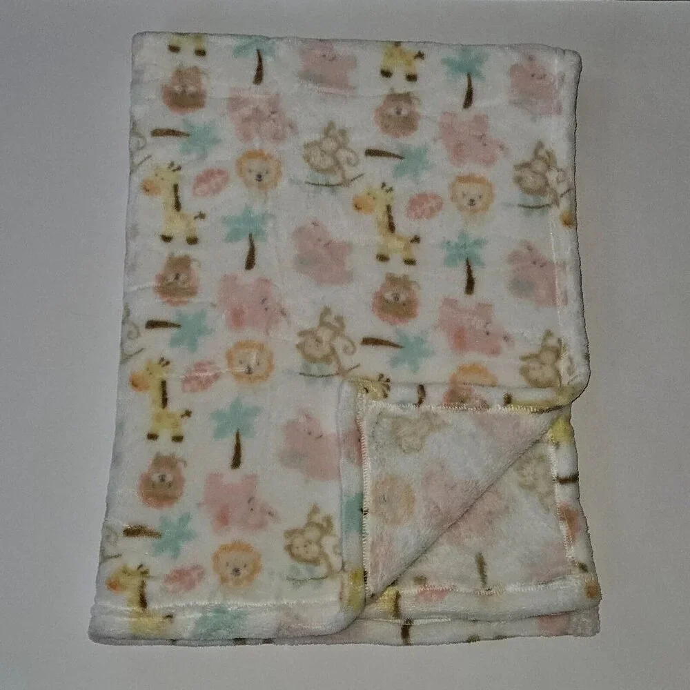 Baby Starters Safari Blanket Lion Giraffe Monkey Pink Elephant Palm Tree 30x36